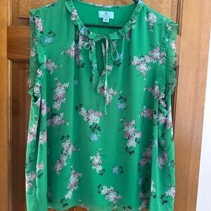 CeCe Green Floral Ruffle Blouse